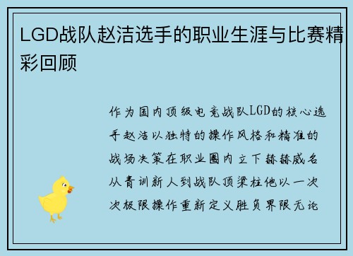 LGD战队赵洁选手的职业生涯与比赛精彩回顾