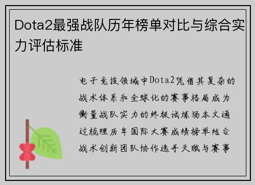 Dota2最强战队历年榜单对比与综合实力评估标准